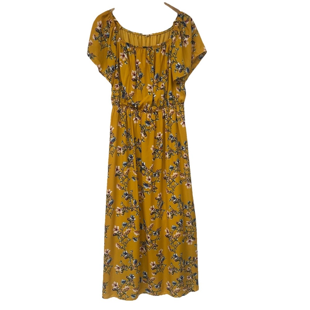 Womens Plus 2X Yellow Floral Square Neckline Empire Waist Long Maxi Dress
